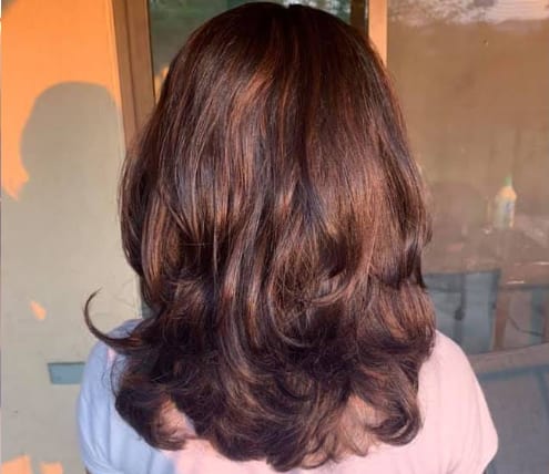 Layered cut with auburn highlights and a voluminous blowout