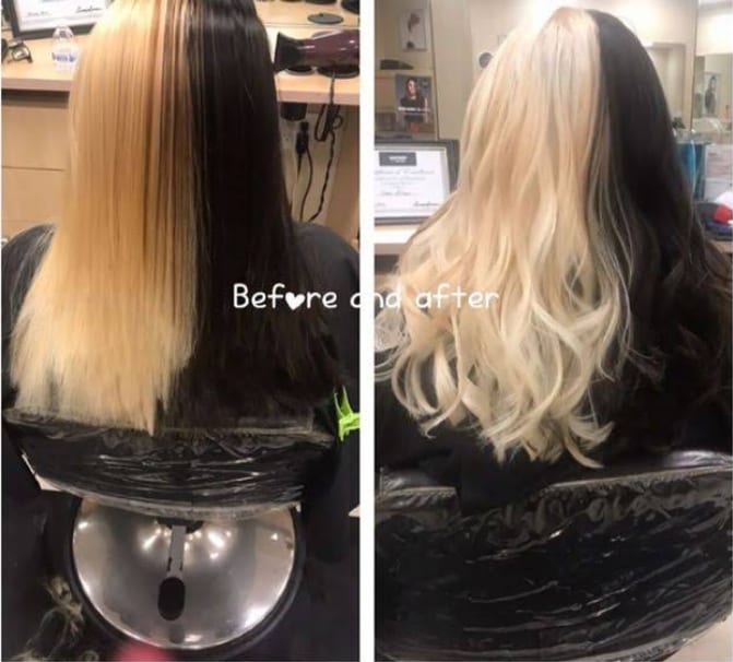 Before and after of split blonde and black colour with styled waves